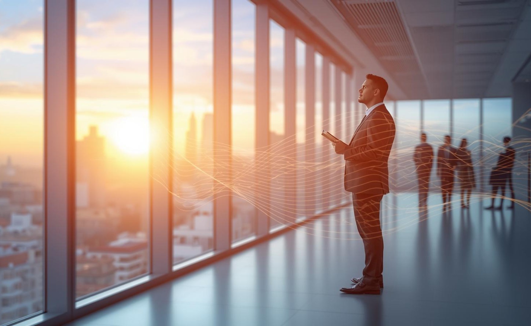 Illustration of executive overlooking sunrise cityscape