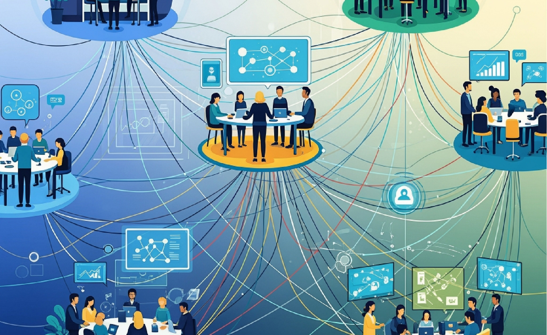 Illustration of connected teams collaborating across business