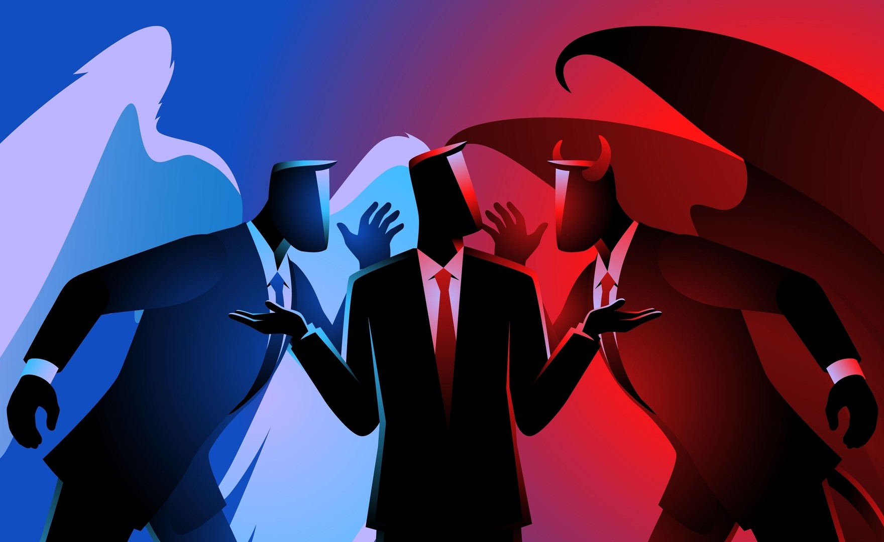 Illustration of businessman with angels on his right and left