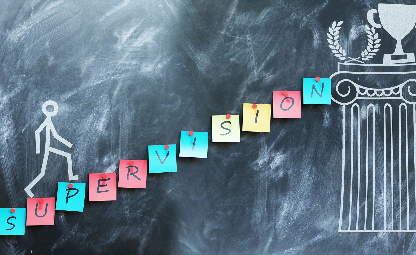Stickman walking up paper 'steps' spelling out Supervision