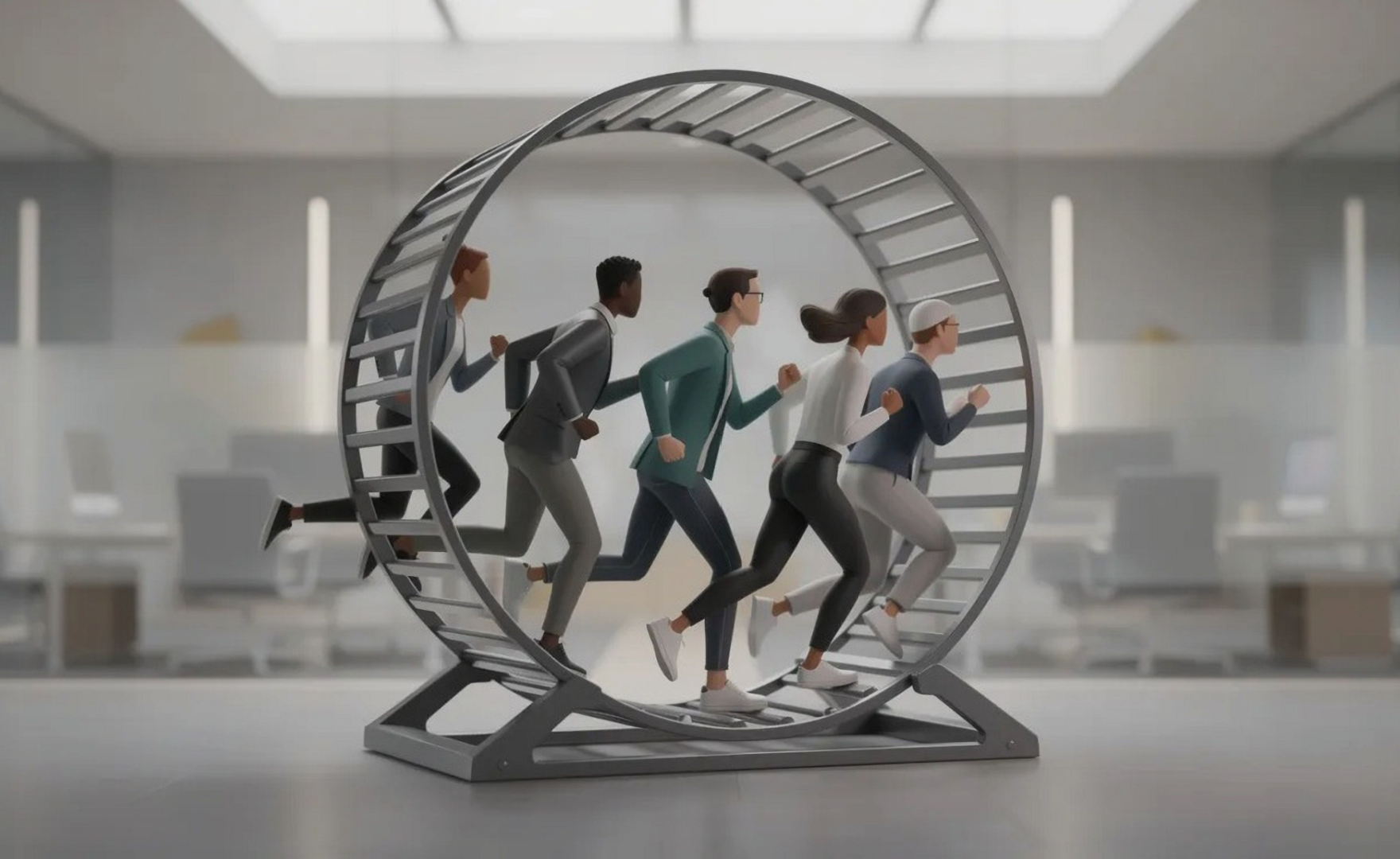 Illustration of team running on a wheel