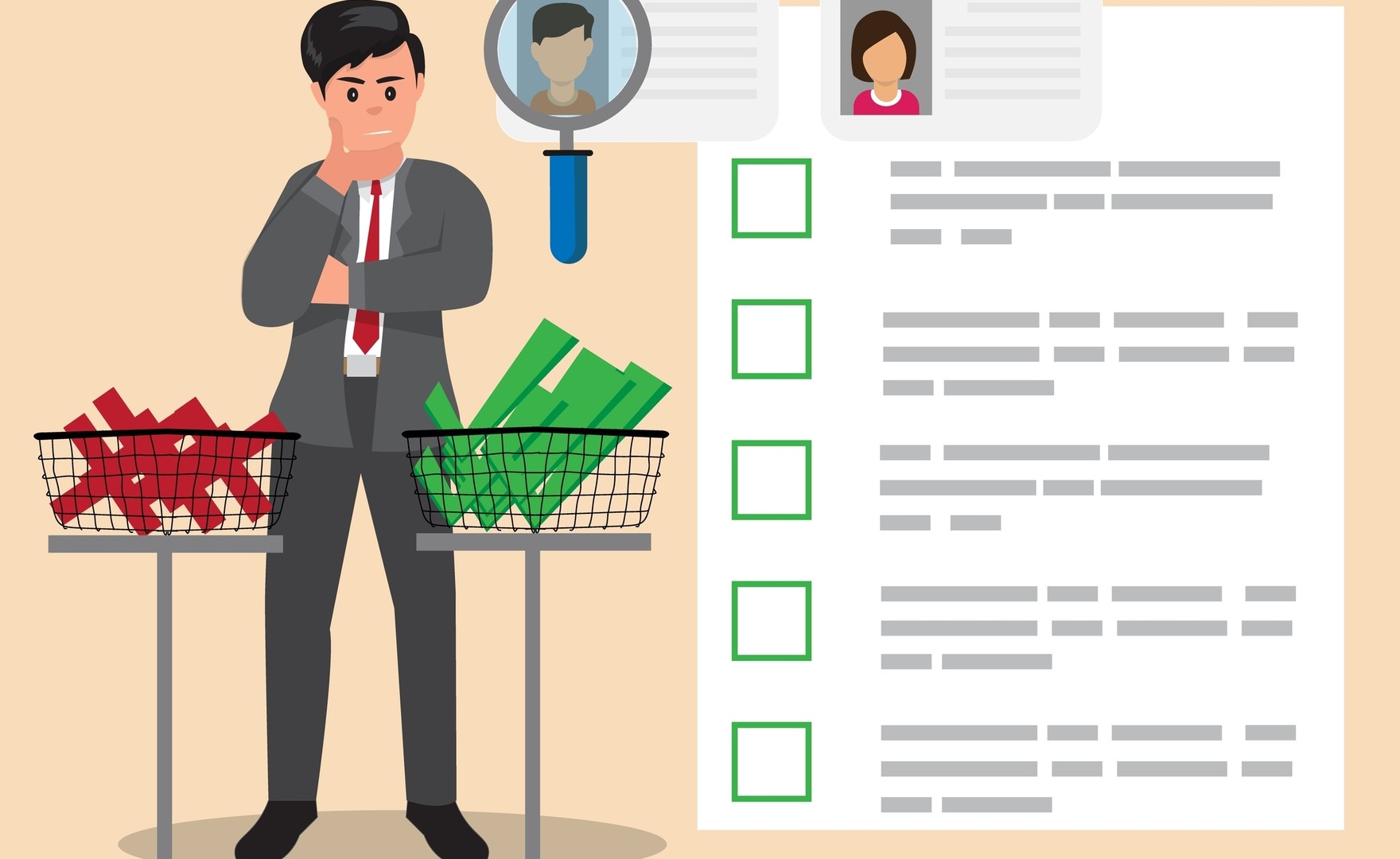 Cartoon man standing in front of baskets of crosses and ticks