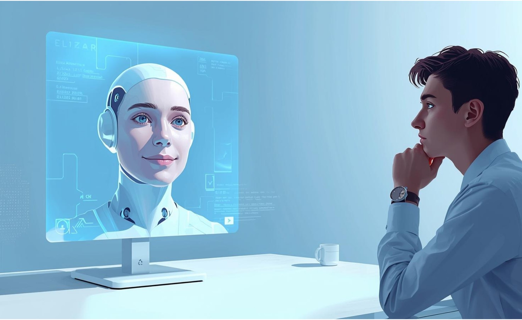 Illustration of AI avatar and person