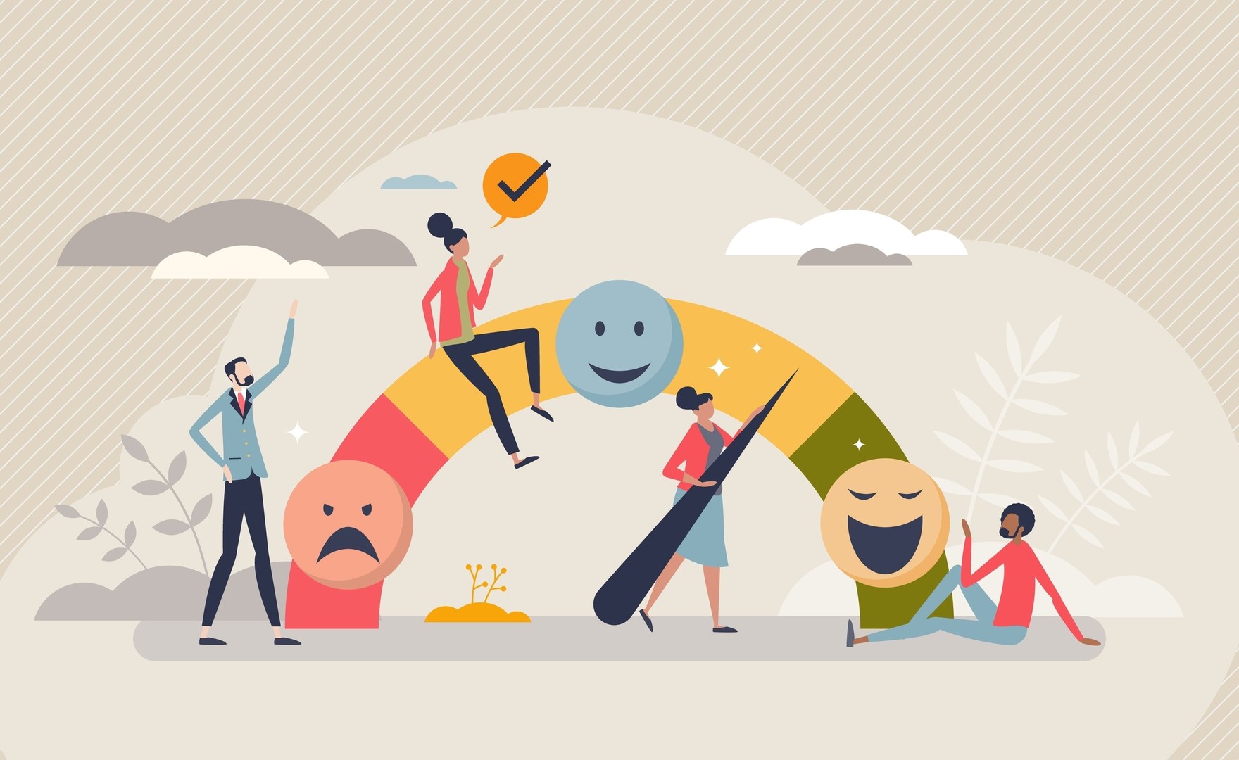 Semi-circle scale of happiness with sad and smiley faces