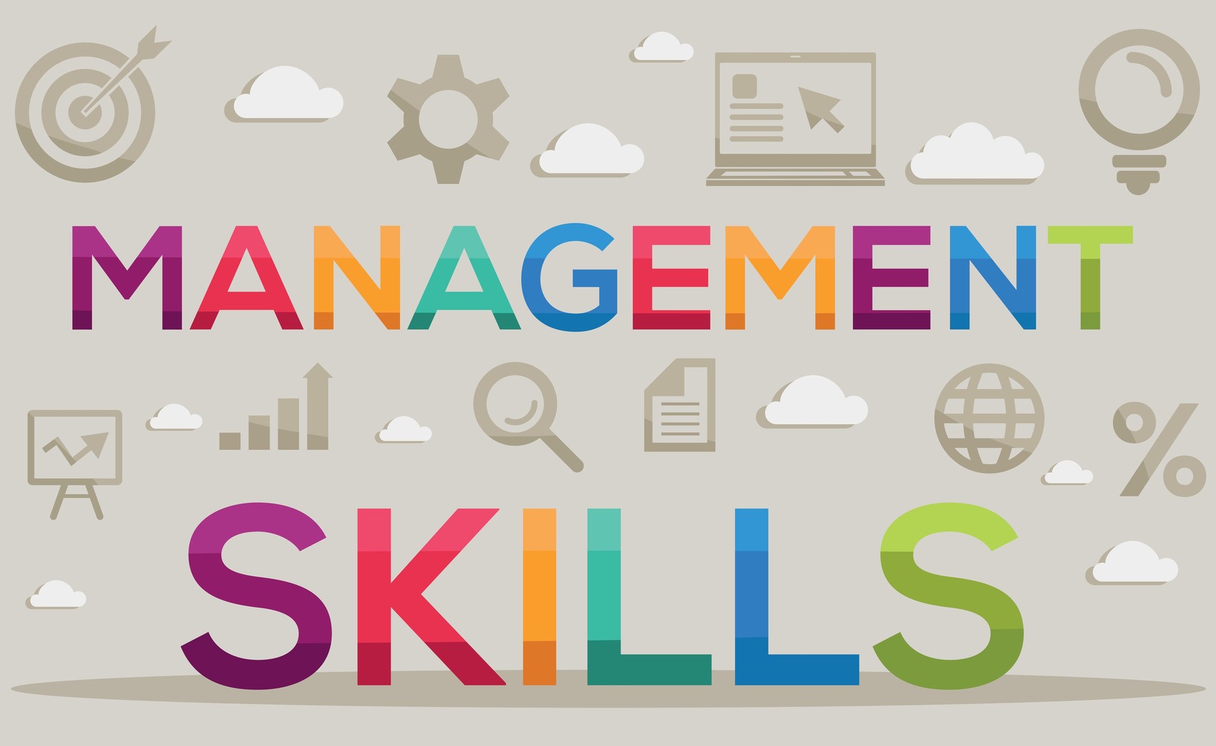 The words 'management skills' in colourful writing