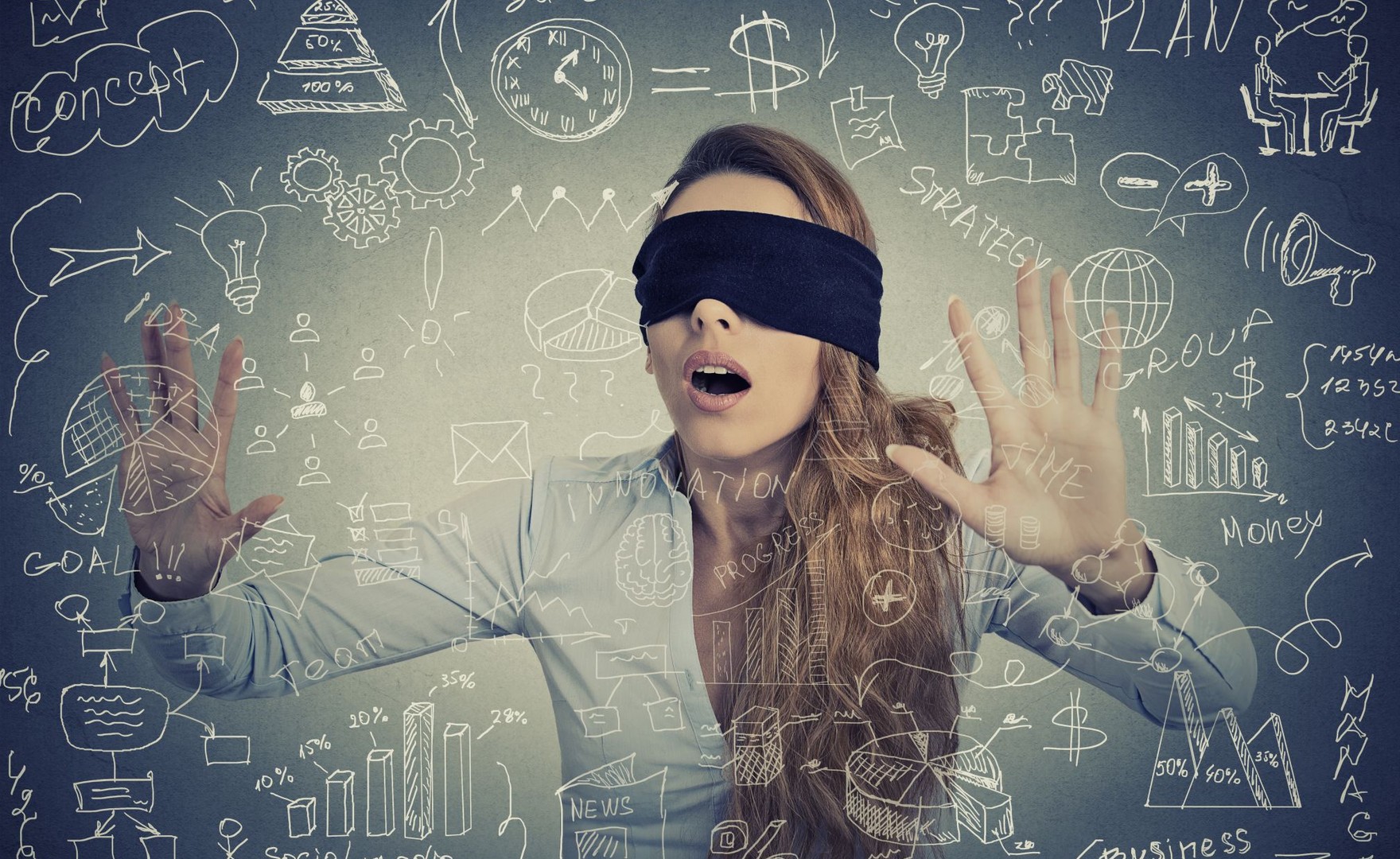 Blindfolded woman with hands up in front of notes and doodles