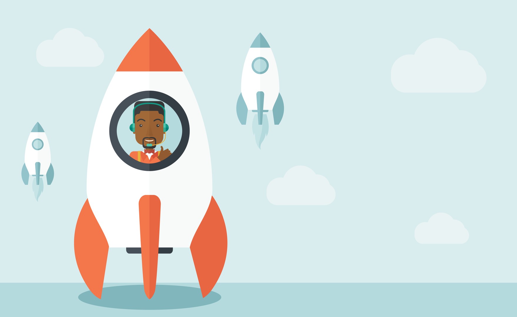 Cartoon image of man in space rocket with thumbs up sign