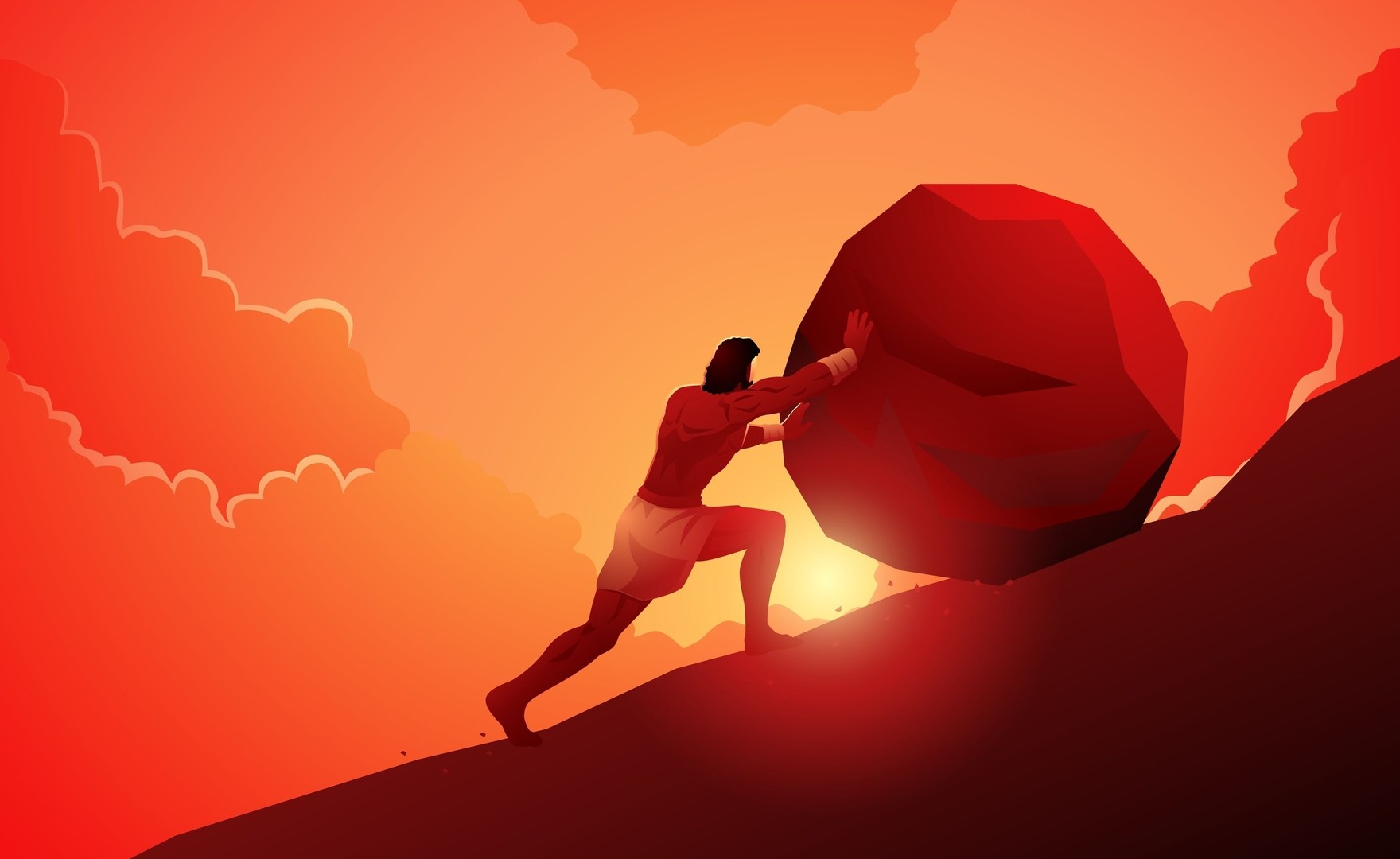 Illustration of a man pushing a heavy boulder up a hill