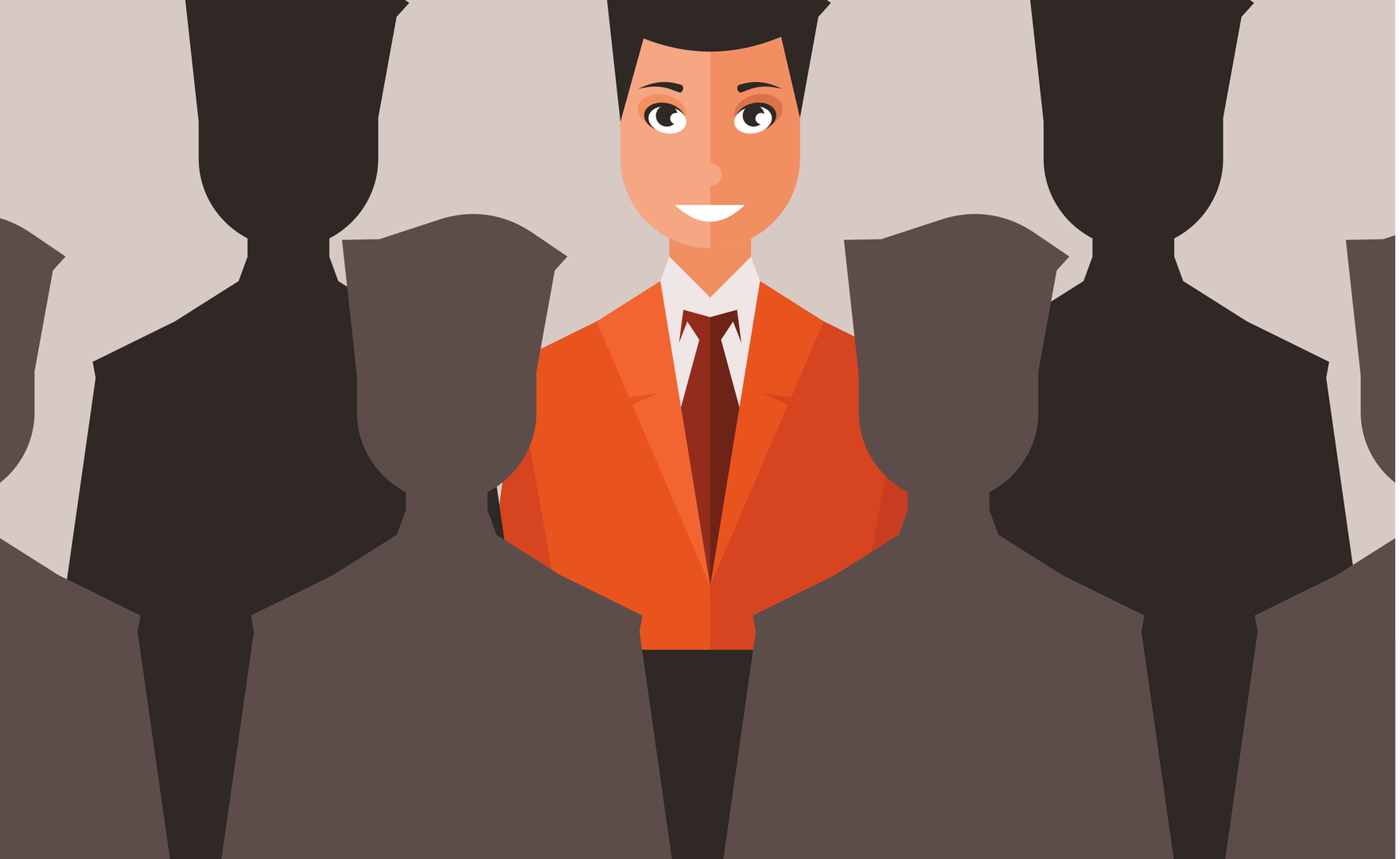Coloured figure in orange suit stands out among grey silhouettes
