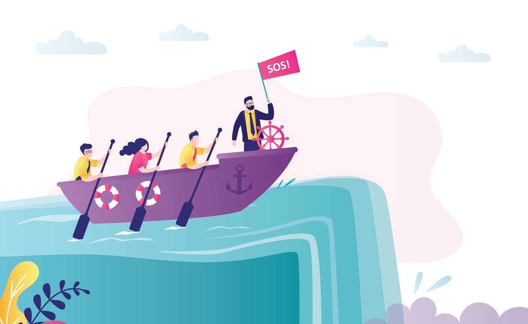 Illustration of business team sailing too close to the edge